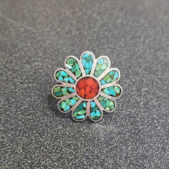 Turquoise Coral Inlay Flower Ring Sterling Silver Statement Ring 5.5 - Picture 4 of 8